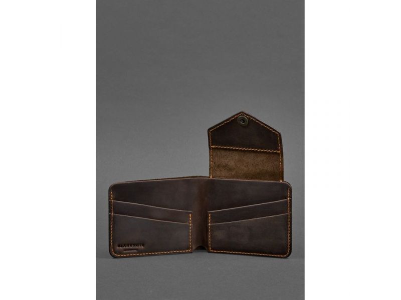 Кожаное портмоне 4.2 на кнопке темно-коричневый Crazy Horse с оранжевой нитью, фото 3