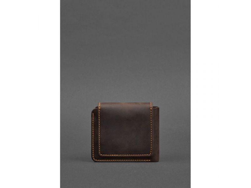 Кожаное портмоне 4.2 на кнопке темно-коричневый Crazy Horse с оранжевой нитью, фото 4