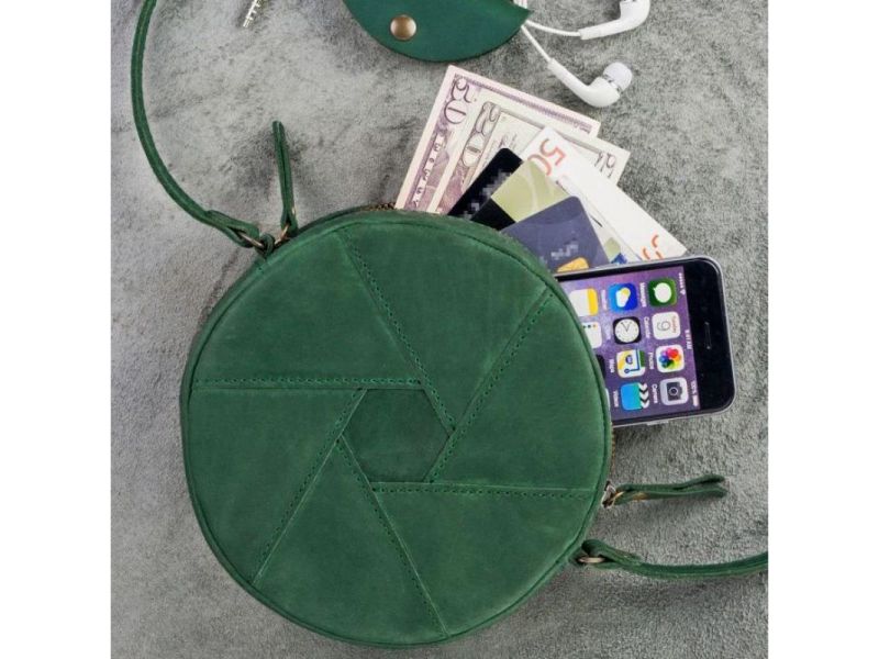 Кожаная круглая женская сумка Бон-Бон зеленая Crazy Horse, фото 6