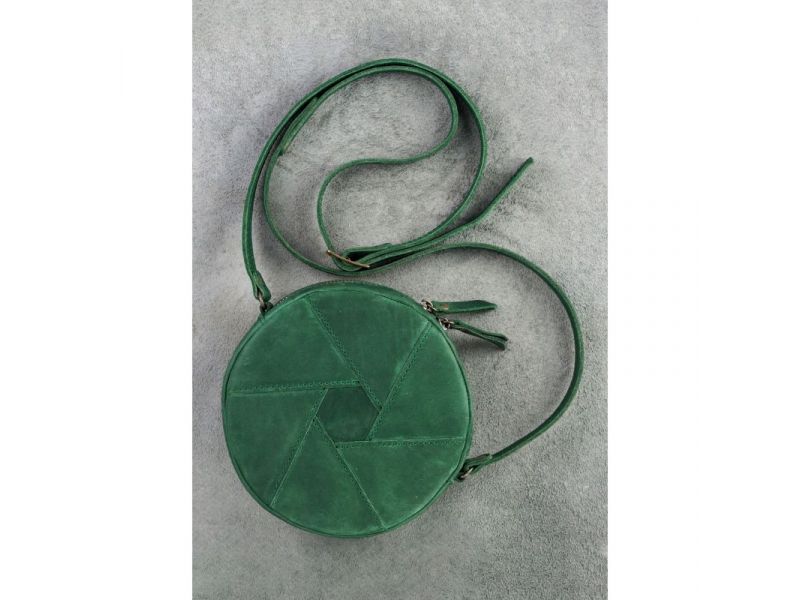 Кожаная круглая женская сумка Бон-Бон зеленая Crazy Horse, фото 3