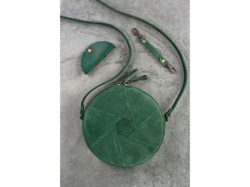 Кожаная круглая женская сумка Бон-Бон зеленая Crazy Horse, фото 2