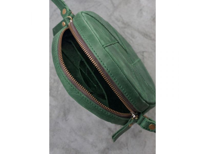 Кожаная круглая женская сумка Бон-Бон зеленая Crazy Horse, фото 4