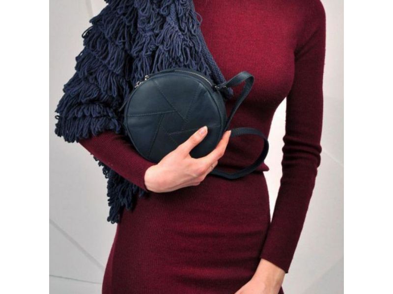 Кожаная круглая женская сумка Бон-Бон синяя Crazy Horse, фото 10