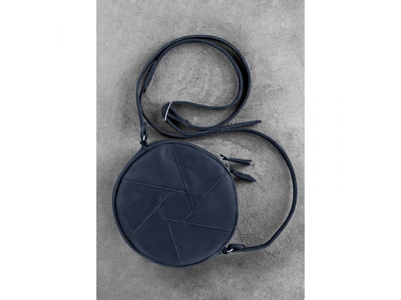 Кожаная круглая женская сумка Бон-Бон синяя Crazy Horse, фото 4