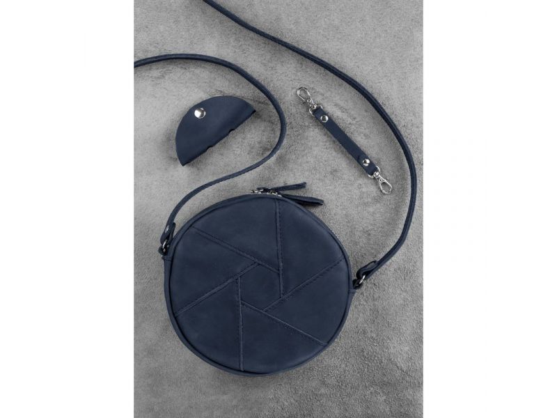 Кожаная круглая женская сумка Бон-Бон синяя Crazy Horse, фото 3