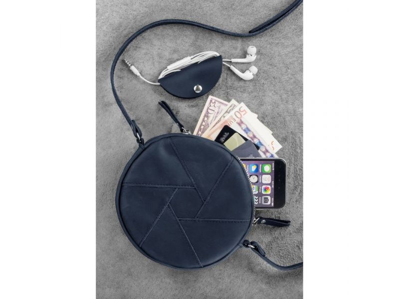 Кожаная круглая женская сумка Бон-Бон синяя Crazy Horse, фото 2