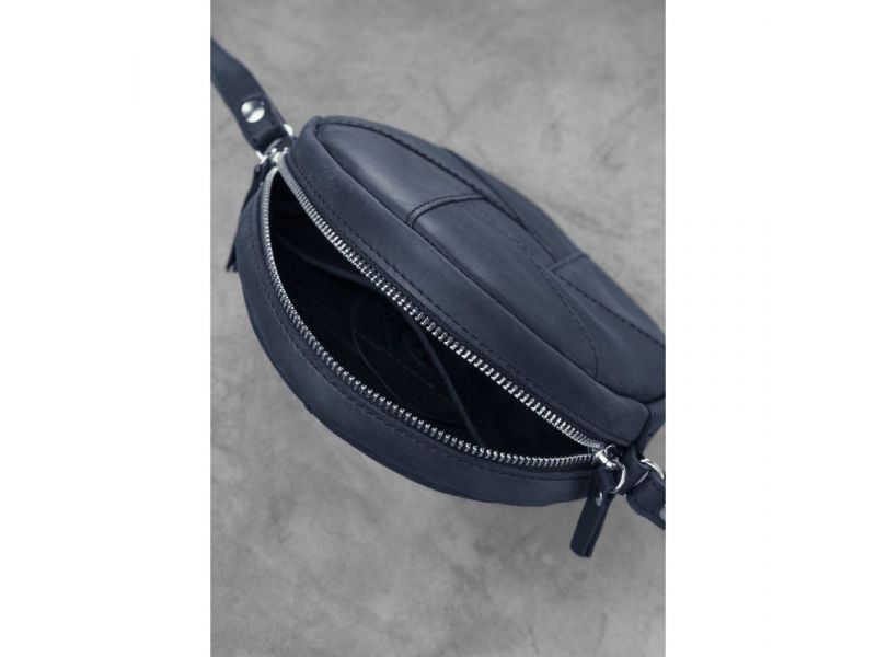 Кожаная круглая женская сумка Бон-Бон синяя Crazy Horse, фото 5