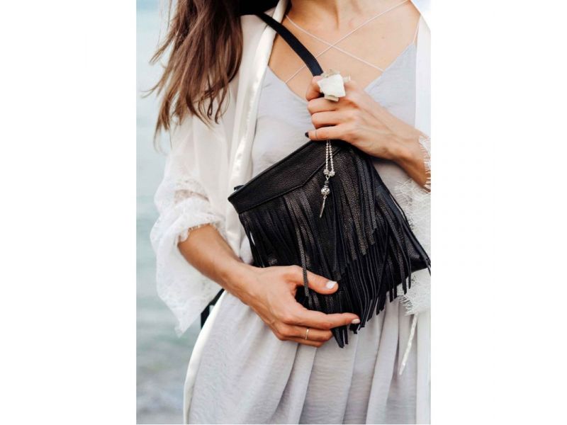 Кожаная женская сумка с бахромой мини-кроссбоди Fleco черная, фото 7