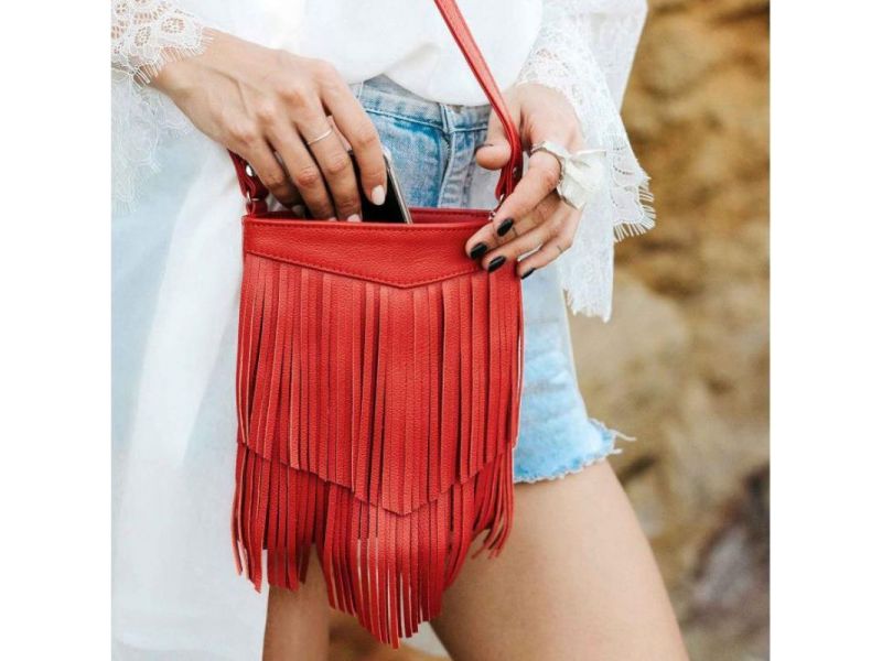 Кожаная женская сумка с бахромой мини-кроссбоди Fleco красная, фото 10