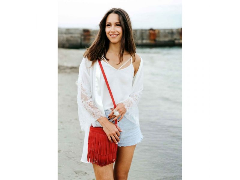 Кожаная женская сумка с бахромой мини-кроссбоди Fleco красная, фото 8