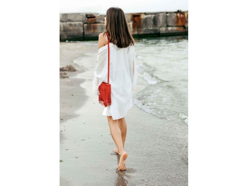 Кожаная женская сумка с бахромой мини-кроссбоди Fleco красная, фото 9