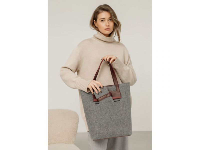 Фетровая женская сумка Шоппер D.D. с кожаными бордовыми вставками, фото 1