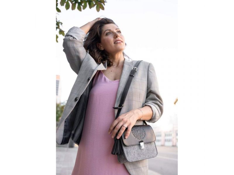 Фетровая женская бохо-сумка Лилу с кожаными черными вставками, фото 9