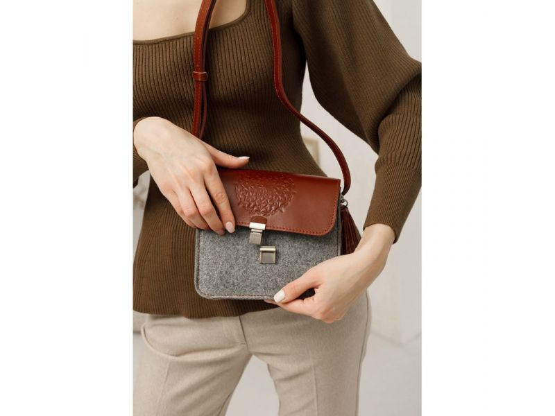 Фетровая женская бохо-сумка Лилу с кожаными коричневыми вставками, фото 7