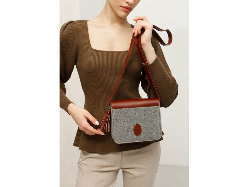 Фетровая женская бохо-сумка Лилу с кожаными коричневыми вставками, фото 8
