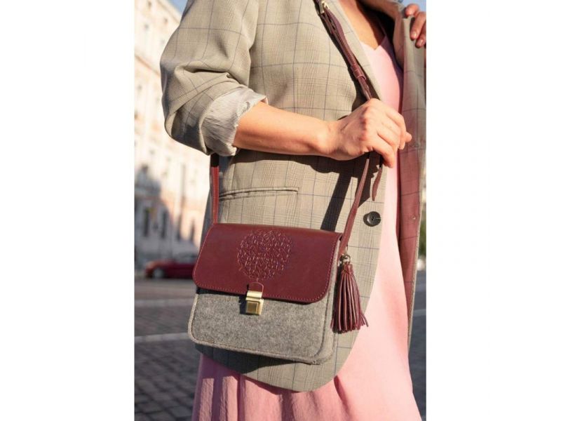 Фетровая женская бохо-сумка Лилу с кожаными бордовыми вставками, фото 8