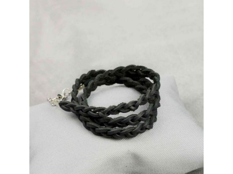 Женский кожаный браслет тонкая косичка черный, фото 3