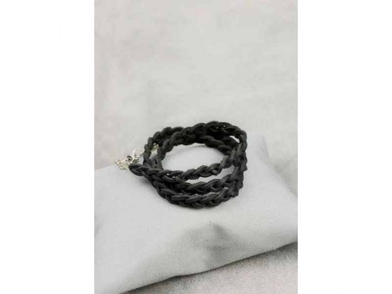 Женский кожаный браслет тонкая косичка черный, фото 1