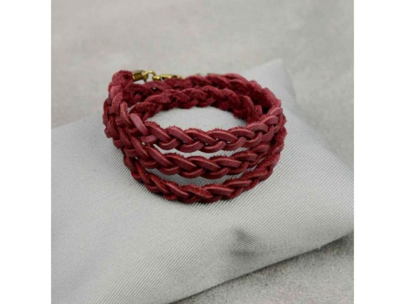 Женский кожаный браслет тонкая косичка бордовый, фото 3