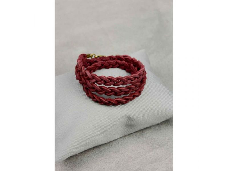 Женский кожаный браслет тонкая косичка бордовый, фото 1