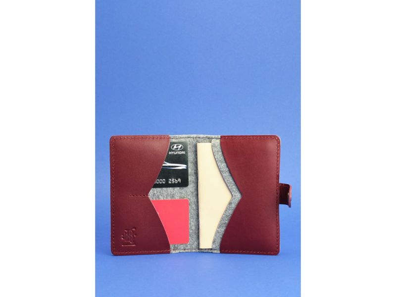 Фетровая обложка для паспорта 3.0 с кожаными бордовыми вставками, фото 2