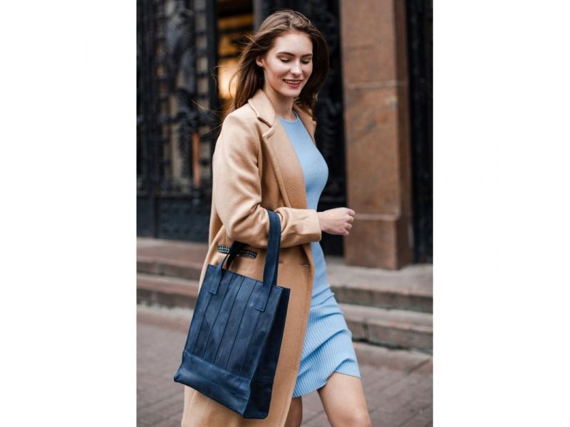 Кожаная женская сумка шоппер Бэтси синяя, фото 6