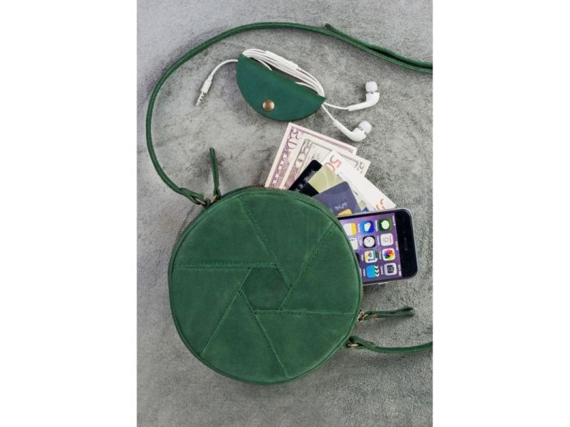 Кожаная круглая женская сумка Бон-Бон зеленая Crazy Horse, фото 5