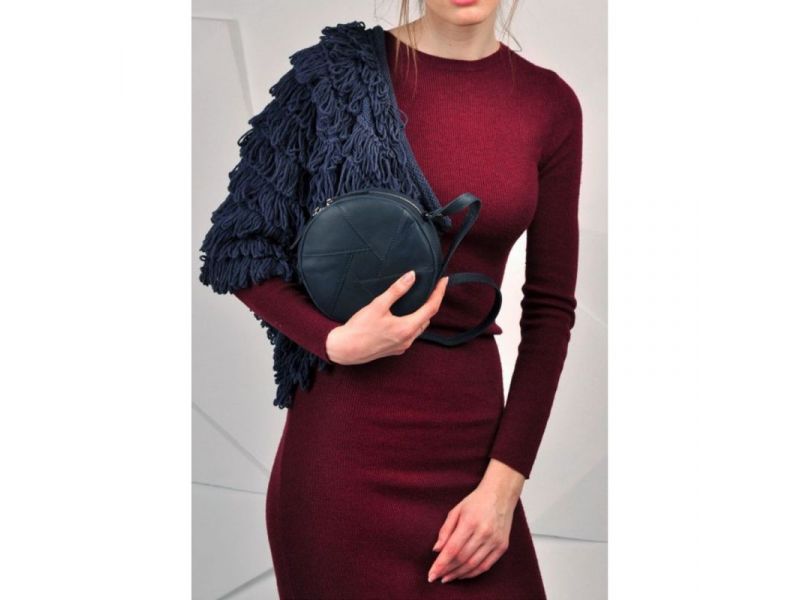 Кожаная круглая женская сумка Бон-Бон синяя Crazy Horse, фото 9