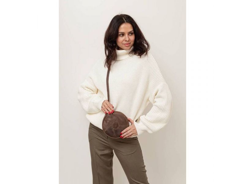 Кожаная круглая женская сумка Бон-Бон темно-коричневый Crazy Horse, фото 3