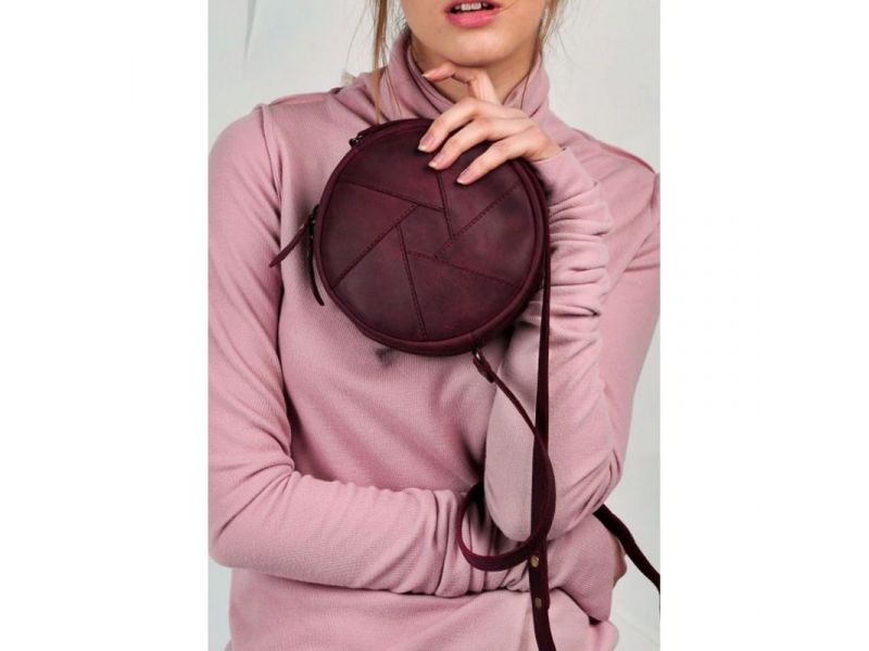 Кожаная круглая женская сумка Бон-Бон бордовая Crazy Horse, фото 1