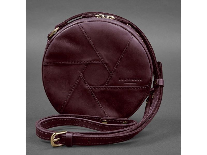 Кожаная круглая женская сумка Бон-Бон бордовая Crazy Horse, фото 5