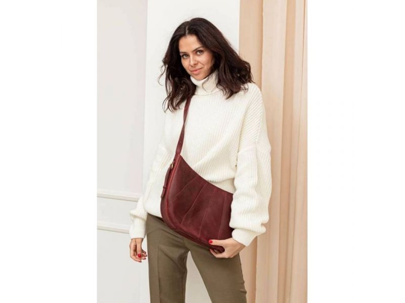 Кожаная женская сумка Круассан бордовая Crazy Horse, фото 9