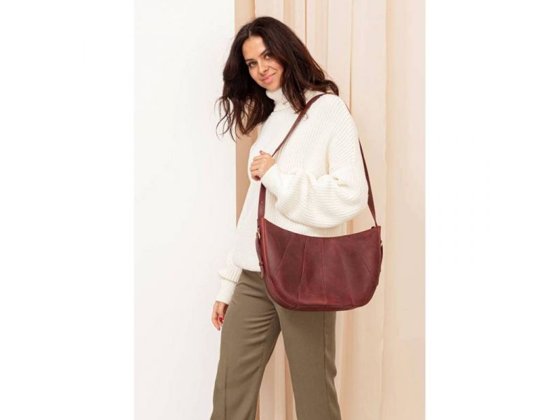 Кожаная женская сумка Круассан бордовая Crazy Horse, фото 6
