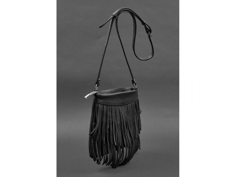 Кожаная женская сумка с бахромой мини-кроссбоди Fleco черная, фото 3
