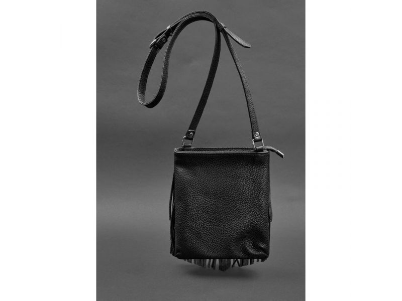 Кожаная женская сумка с бахромой мини-кроссбоди Fleco черная, фото 4