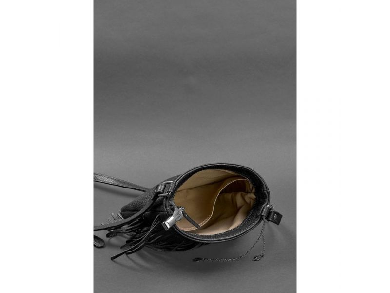 Кожаная женская сумка с бахромой мини-кроссбоди Fleco черная, фото 5