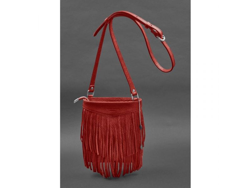 Кожаная женская сумка с бахромой мини-кроссбоди Fleco красная, фото 2