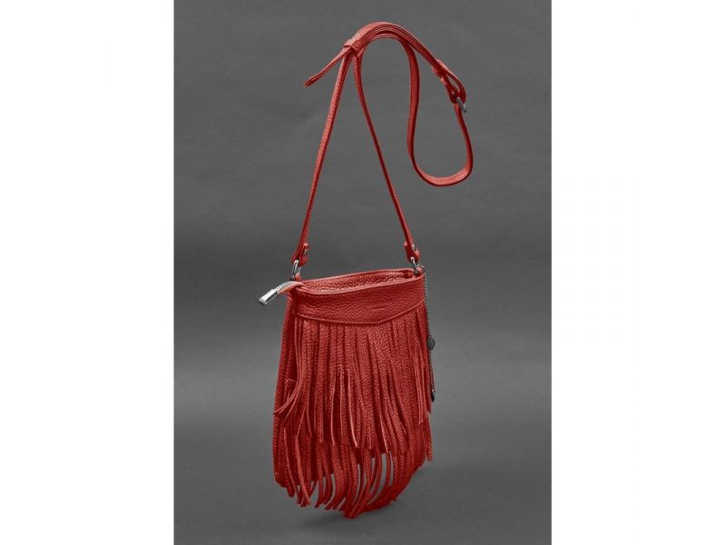 Кожаная женская сумка с бахромой мини-кроссбоди Fleco красная, фото 3