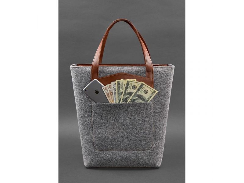 Фетровая женская сумка Шоппер D.D. с кожаными коричневыми вставками, фото 3