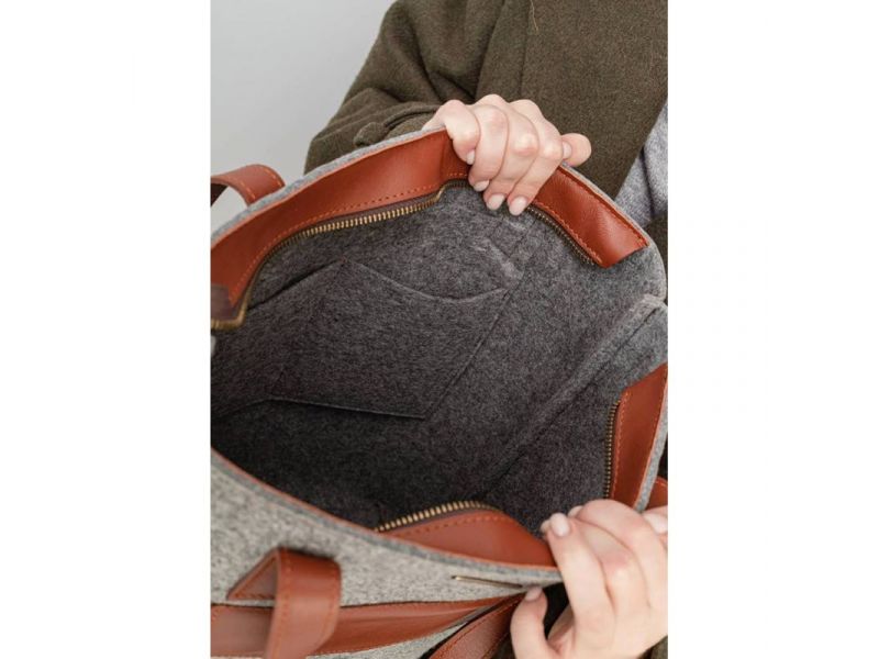 Фетровая женская сумка Шоппер D.D. с кожаными коричневыми вставками, фото 10