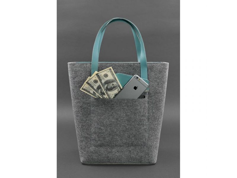 Фетровая женская сумка Шоппер D.D. с кожаными бирюзовыми вставками, фото 2