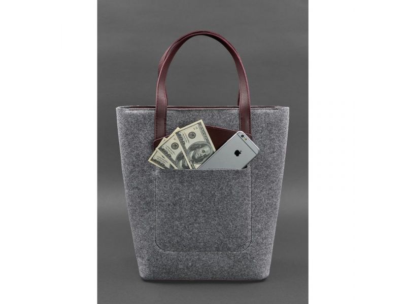 Фетровая женская сумка Шоппер D.D. с кожаными бордовыми вставками, фото 3