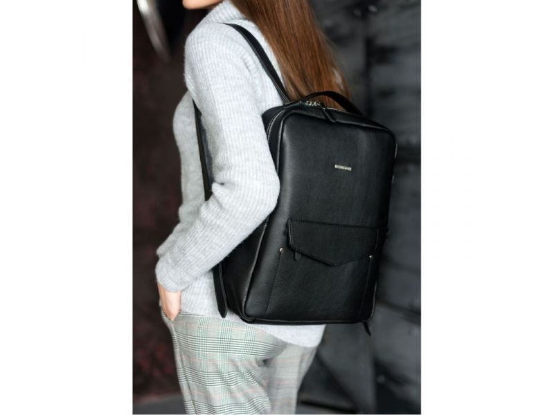 Кожаный женский городской рюкзак на молнии Cooper черный, фото 7