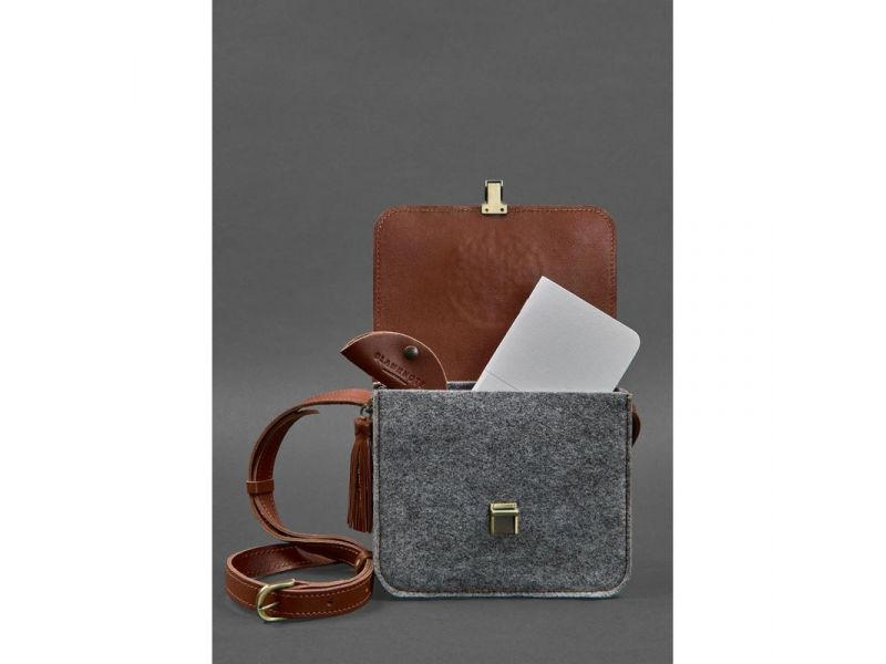 Фетровая женская бохо-сумка Лилу с кожаными коричневыми вставками, фото 3