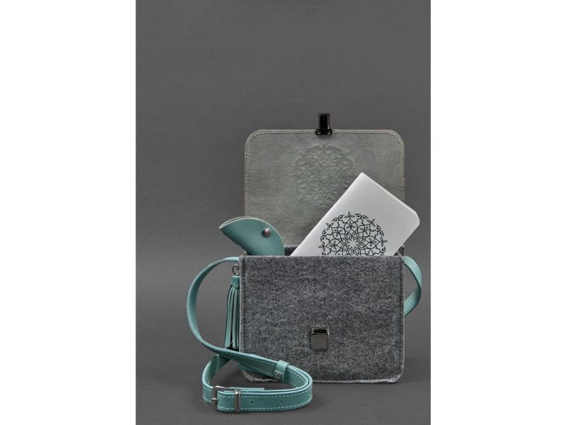 Фетровая женская бохо-сумка Лилу с кожаными бирюзовыми вставками, фото 2