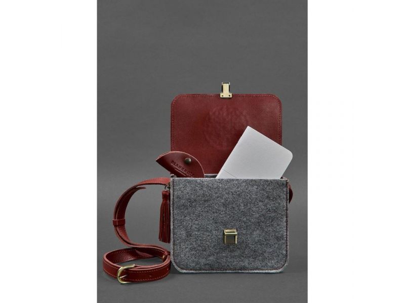 Фетровая женская бохо-сумка Лилу с кожаными бордовыми вставками, фото 3