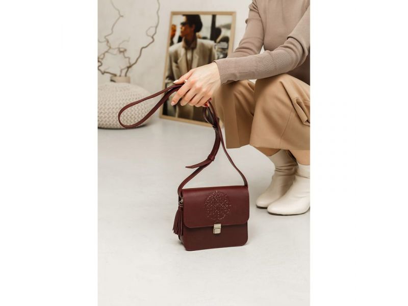 Кожаная женская бохо-сумка Лилу бордовая Krast, фото 9