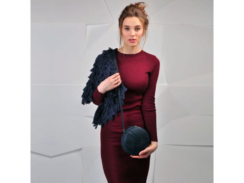 Кожаная круглая женская сумка Бон-Бон синяя Crazy Horse, фото 7