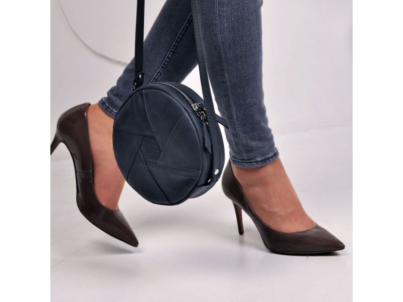 Кожаная круглая женская сумка Бон-Бон синяя Crazy Horse, фото 6