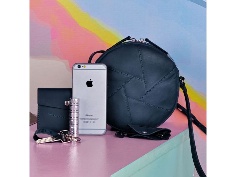 Кожаная круглая женская сумка Бон-Бон синяя Crazy Horse, фото 8